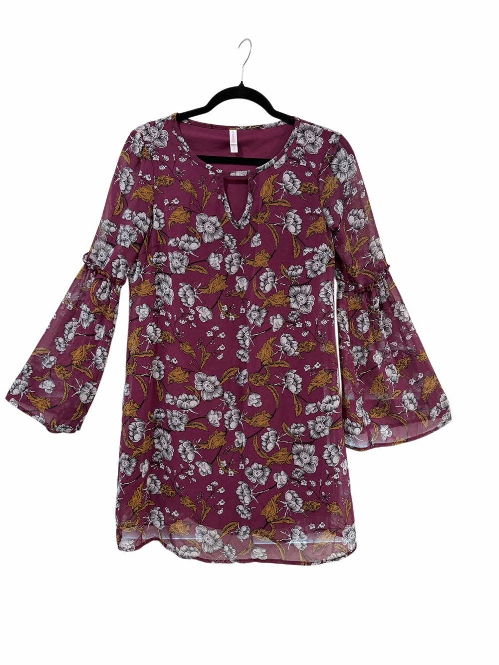 Xhilaration Plum Floral Keyhole Bell-Sleeve Midi Dress